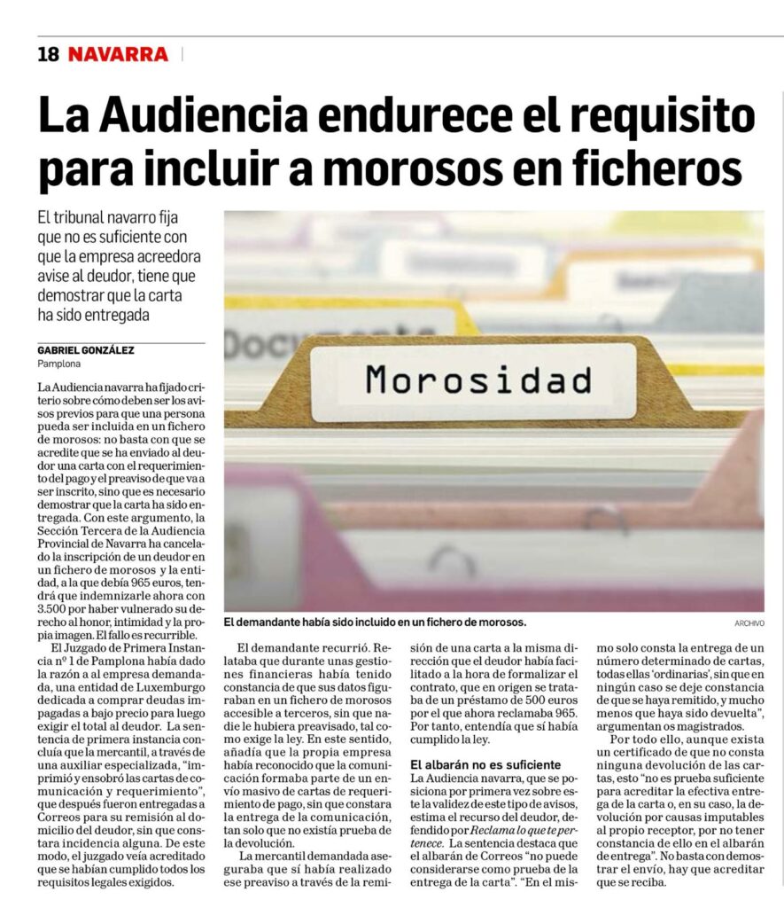 La Audiencia Endurece el Requisito para Incluir a Morosos en Ficheros